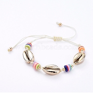 (Jewelry Parties Factory Sale)Nylon Thread Cord Braided Bead Bracelets, with Handmade Polymer Clay Heishi Beads, Electroplated Sea Shell Beads and Brass Beads, Real 18K Gold Plated, Colorful, 1-5/8 inch~3-3/4 inch(4.2~9.7cm)(BJEW-JB05074-05)