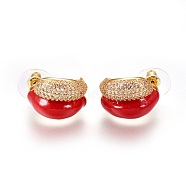 Brass Micro Pave Cubic Zirconia Stud Earrings, with Enamel, Golden, Red, 19x15x15mm, Pin: 0.7mm(EJEW-F192-01G)