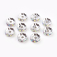 Brass Rhinestone Spacer Beads, Grade A, Straight Flange, Silver Color Plated, Rondelle, Crystal AB, 10x4mm, Hole: 2mm(RB-A014-Z10mm-28S)