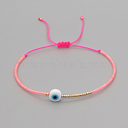 Adjustable Lanmpword Evil Eye Braided Bead Bracelet, Hot Pink, 11 inch(28cm)(ZW2937-13)