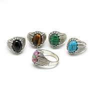 Natural & Synthetic Mixed Stone Wide Band Rings, with Alloy Ring Findings, Oval, Antique Silver, Size 7~11, 17~21mm(RJEW-S039-01L)