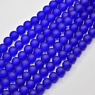 Transparent Glass Bead Strands, Frosted, Round, Blue, 12mm, Hole: 1.3~1.6mm, about 70pcs/strand, 31.4 inch(X-GLAA-S031-12mm-09)