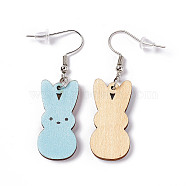 Rabbit Wooden Dangle Earrings, Platinum Tone Iron Earring with Ear Nut for Women, Light Blue, 52mm, Pin: 0.7mm, Pendant: 31x14.5x2.7mm(EJEW-D189-01E)