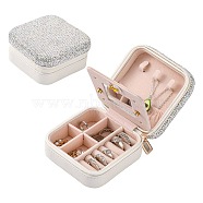 Imitation Leather Jewelry Box, with Rhinestone and Mirror Inside, Square, Creamy White, 11x11x5.5cm(LBOX-G002-A01)