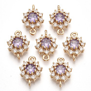 Transparent Glass Links connectors, with Golden Tone Brass Findings and Clear Rhinestone, Faceted, Flower, Violet, 16x11x5mm, Hole: 1.2mm(X-GLAA-R212-18E)