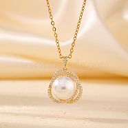 Brass Pave Clear Cubic Zirconia Pendant Necklaces, with Imitation Pearl, Golden, White, 15.75 inch(40cm)(ER6847)