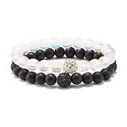 Synthetic Moonstone & Black Stone Round Beads Stretch Bracelets Set, Stone Jewelry with Round Rhinestone for Women, Inner Diameter: 2-1/8 inch(5.3cm), 2pcs/set(BJEW-JB07487)