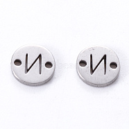 201 Stainless Steel Links, Laser Cut, Flat Round with Letter, Letter.N, 6x6x1mm, Hole: 0.8mm(X-STAS-R112-01N)
