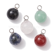 5Pcs 5 Styles Natural Rose Quartz & Blue Spot Jasper & Black Stone & Agate & White Jade Round Ball Charms, with Stainless Steel Color Tone 201 Stainless Steel Loops, 14x10mm, Hole: 2.4mm, 1pc/style(PALLOY-JF02619-S)