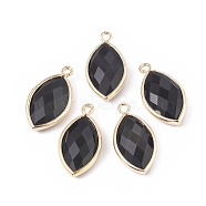 Natural Black Agate Pendants, with Golden Plated Brass Findings, Faceted, Horse Eye, Dyed & Heated, 21.5x11.5x3~5mm, Hole: 1.6mm(G-L514-023F)