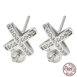Rhodium Plated Cross 925 Sterling Silver Micro Pave Clear Cubic Zirconia Stud Earring Findings, Earring Settings for Half Drilled Beads, with S925 Stamp, Real Platinum Plated, 11x7.5mm, Pin: 10.5x0.7mm and 0.8mm(STER-Q192-24P)