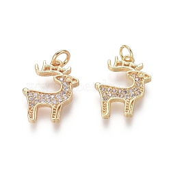 Brass Charms, with Clear Cubic Zirconia and Jump Rings, Christmas Reindeer/Stag, Golden, 15x12x1.5mm, Hole: 2.5mm(X-ZIRC-L087-017G)