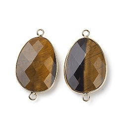 Natural Tiger Eye Connector Charms, with Light Gold Plated Brass Finding, Oval Link, Faceted, 38~38.5x22.5~23x7mm, Hole: 2mm(G-C110-02F-KCG)