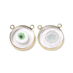 Handmade Lampwork Pendants, with Golden Plated Brass Findings, Cadmium Free & Lead Free, Flat Round with Evil Eye, Green, 21x21x4.5mm, Hole: 1.5mm(LAMP-P057-04G-07)