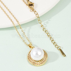 Half Round Brass Micro Pave Cubic Zirconia Pendant Neckalces for Women, with 304 Stainless Steel Chain and Plastic Imitation Pearl, Rack Plating, Ion Plating(IP), Real 18K Gold Plated, 15.87 inch(40.3cm)(NJEW-C076-07G)