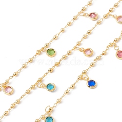 Handmade Brass Ball Link Chain, with Glass Flat Round Charms, Real 18K Gold Plated, Lead Free & Cadmium Free, Soldered, with Spool, Colorful, 4x2mm(CHC-E025-54G)