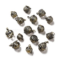 Round Brass Hollow Bead Cage Pendants, Round Bead Cage Charm, for Chime Ball Pendant Necklaces Making, Brushed Antique Bronze, 23~36x22~25x18~23.5mm, Hole: 6~7x4~5mm(KK-D389-18AB)