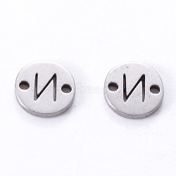 201 Stainless Steel Links, Laser Cut, Flat Round with Letter, Letter.N, 6x6x1mm, Hole: 0.8mm(X-STAS-R112-01N)