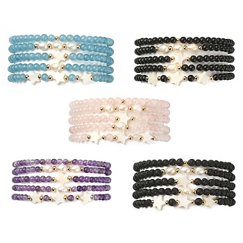 5Pcs 5 Style Natural & Synthetic Mixed Gemstone & Pearl & Shell Star Beaded Stretch Bracelets Set, Inner Diameter: 1-3/4~1-3/4 inch(4.3~4.5cm), 1Pcs/style