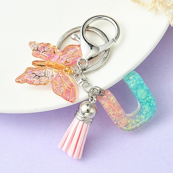 Resin & Acrylic Keychains, with Alloy Split Key Rings and Faux Suede Tassel Pendants, Letter & Butterfly, Letter U, 8.6cm
