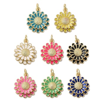 Rack Plating Brass Enamel Pendants, with Jump Ring, Long-Lasting Plated, Lead Free & Cadmium Free, Real 18K Gold Plated, Daisy Charm, Mixed Color, 19x16x4mm, Hole: 3mm