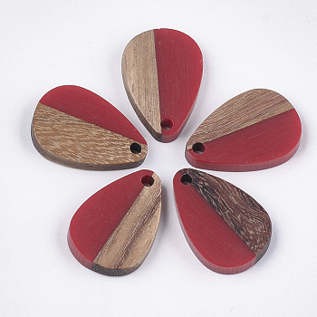 Resin & Walnut Wood Pendants, teardrop, FireBrick, 21.5x14.5x3.5mm, Hole: 1.8mm