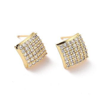 Clear Cubic Zirconia Rhombus Stud Earrings, Brass Jewelry for Women, Real 18K Gold Plated, 14x14mm, Pin: 0.7mm
