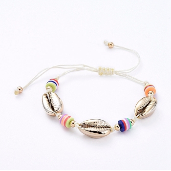 (Jewelry Parties Factory Sale)Nylon Thread Cord Braided Bead Bracelets, with Handmade Polymer Clay Heishi Beads, Electroplated Sea Shell Beads and Brass Beads, Real 18K Gold Plated, Colorful, 1-5/8 inch~3-3/4 inch(4.2~9.7cm)