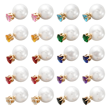 ANATTASOUL 10 Pairs 10 Colors Resin Diamond & Plastic Imitaion Pearl Front Back Stud Earrings, Light Gold Alloy Jewelry for Women, Mixed Color, 8mm, Pin: 0.7mm, 1 Pair/color