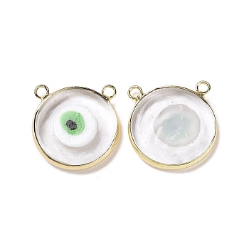 Handmade Lampwork Pendants, with Golden Plated Brass Findings, Cadmium Free & Lead Free, Flat Round with Evil Eye, Green, 21x21x4.5mm, Hole: 1.5mm