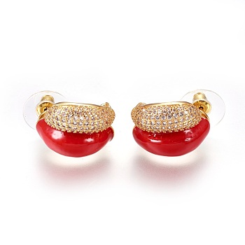 Brass Micro Pave Cubic Zirconia Stud Earrings, with Enamel, Golden, Red, 19x15x15mm, Pin: 0.7mm
