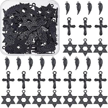 SUPERFINDINGS 48Pcs 3 Style Alloy Pendants, Star & Wing & Cross, Electrophoresis Black, 20.5~33x11~21x1.5~2mm, Hole: 1.8~2.3mm, 16pcs/style