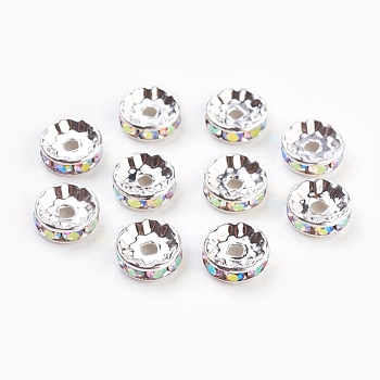 Brass Rhinestone Spacer Beads, Grade A, Straight Flange, Silver Color Plated, Rondelle, Crystal AB, 10x4mm, Hole: 2mm