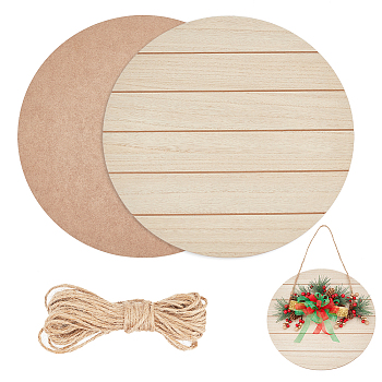 Unfinished Boxwood Sheet, Flat Round Cutouts, with Jute Cord, Blanched Almond, Wood Sheet: 34.7x0.65cm, 2pcs, Cord: about 1.5mm, about 8m