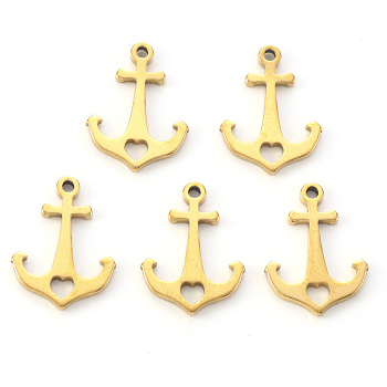 Vacuum Plating 304 Stainless Steel Charms, Laser Cut, Anchor with Heart, Golden, 15x11x1mm, Hole: 1.2mm