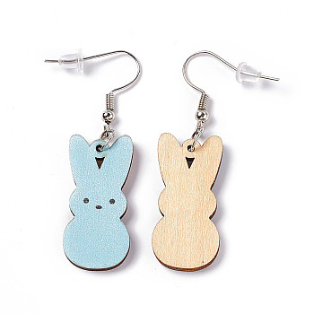 Rabbit Wooden Dangle Earrings, Platinum Tone Iron Earring with Ear Nut for Women, Light Blue, 52mm, Pin: 0.7mm, Pendant: 31x14.5x2.7mm