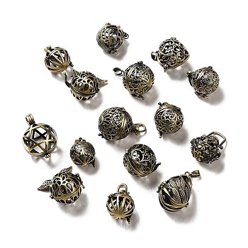 Round Brass Hollow Bead Cage Pendants, Round Bead Cage Charm, for Chime Ball Pendant Necklaces Making, Brushed Antique Bronze, 23~36x22~25x18~23.5mm, Hole: 6~7x4~5mm