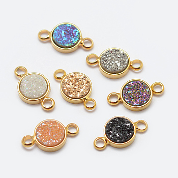 Electroplated Natural Druzy Agate Links connectors, with Brass Findings, Flat Round, Golden, Mixed Color, 13x7x2.5mm, Hole: 2mm