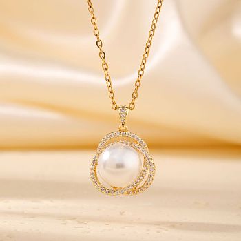 Brass Pave Clear Cubic Zirconia Pendant Necklaces, with Imitation Pearl, Golden, White, 15.75 inch(40cm)