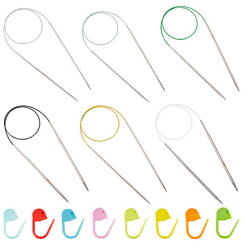 6Pcs 6 Styles Stainless Steel Circular Knitting Needles, with 10Pcs Random Color ABS Plastic Knitting Crochet Locking Stitch Markers Holder, Mixed Color, Knitting Needles: 650x2~4.5mm, Stitch Markers: 22x11x3mm, Pin: 1mm