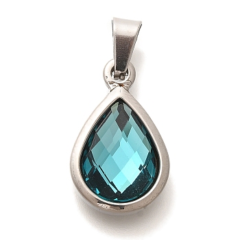 Glass Pendants, with Stainless Steel Color 304 Stainless Steel Findings, Teardrop, Blue, 21.5x13x5.5mm, Hole: 3.5x6mm