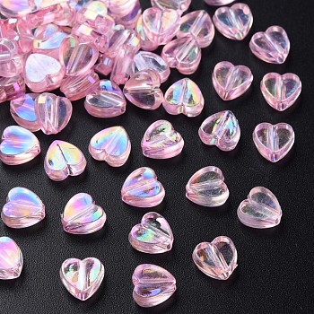Transparent Acrylic Beads, AB Color Plated, Heart, Pearl Pink, 7.5x8x3mm, Hole: 1.8mm, about 3620pcs/500g