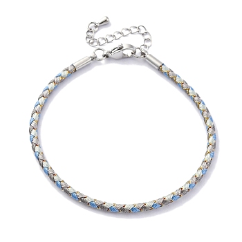 Polyester Cord Braided Bracelet Makings, with Stainless Steel Claw Lobster Clasps, Brass Findings, Long-Lasting Plated, Light Sky Blue, 7-3/8 inch(18.8cm)