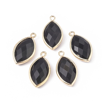 Natural Black Agate Pendants, with Golden Plated Brass Findings, Faceted, Horse Eye, Dyed & Heated, 21.5x11.5x3~5mm, Hole: 1.6mm