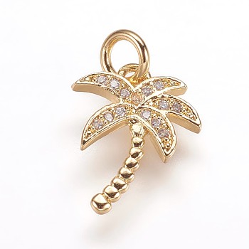 Brass Micro Pave Cubic Zirconia Pendants, Coconut Tree Charms, Golden, 14x10x1.5mm, Hole: 3mm