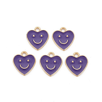 Alloy Enamel Charms, Cadmium Free & Lead Free, Light Gold, Heart with Smile, Indigo, 13x12x1.5mm, Hole: 1.6mm