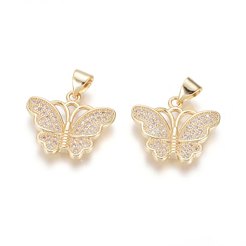 Brass Micro Pave Cubic Zirconia Pendants, Butterfly, Clear, Golden, 17x19x3mm, Hole: 5x3.5mm