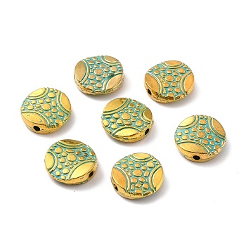 Alloy Beads, Flat Round, Golden & Green Patina, 12x3mm, Hole: 1.6mm