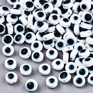 Resin Beads, Flat Round, Evil Eye, White, 7.5~8x5~6mm, Hole: 1.8~2mm(RESI-S339-6x8-26)