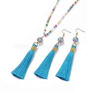 Polyester Tassel Pendant Jewelry Sets, Pendant Necklaces and Dangle Earrings, with Glass Beads and Golden Tone Brass Earring Hooks, Blue, 31.5 inch(80cm), 120mm, Pin: 0.6mm(SJEW-JS01063-01)